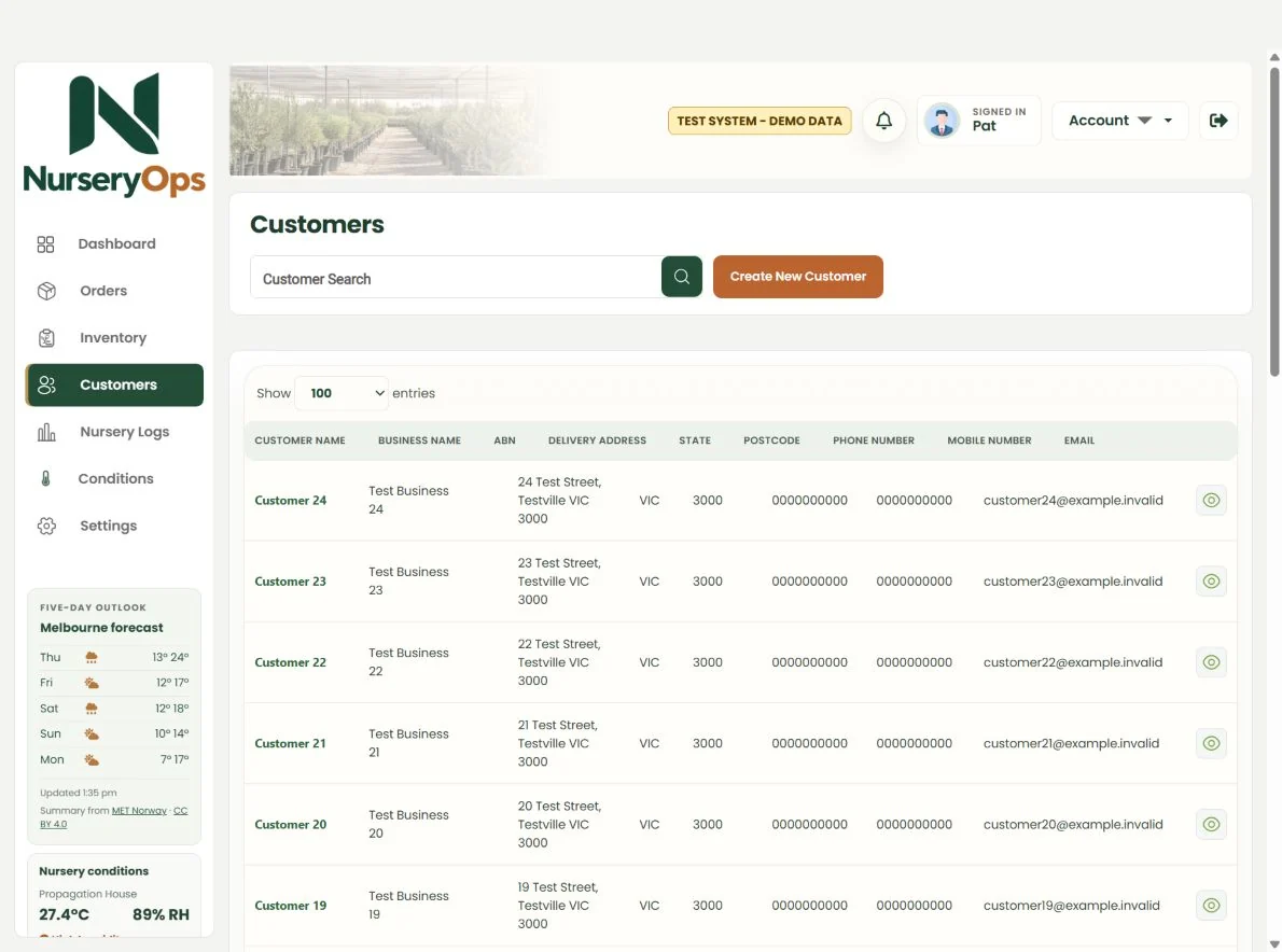 NurseryOps customer list with sample business and delivery details