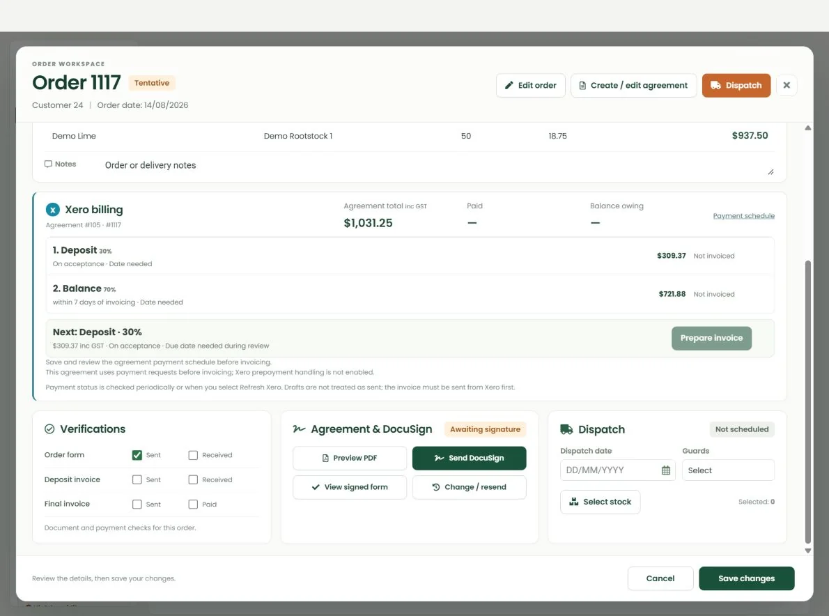 Order detail showing payment stages, DocuSign controls and Xero billing
