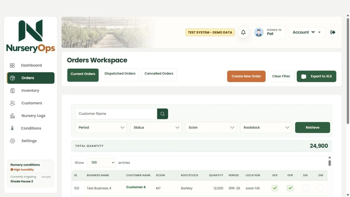 Orders Workspace with customer orders, varieties, quantities and periods