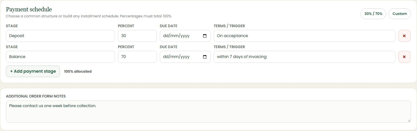 Agreement payment schedule and special comments